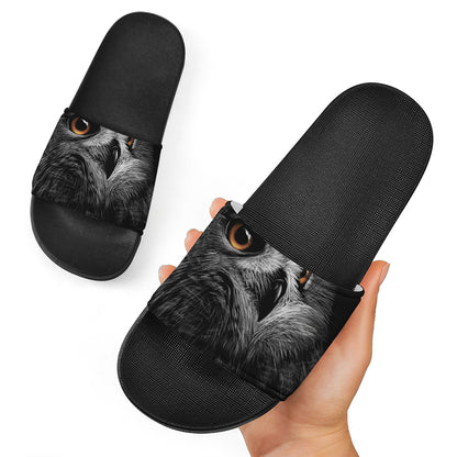Owl Portrait Print Black Slide Sandals