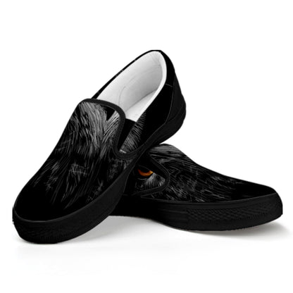 Owl Portrait Print Black Slip On Shoes