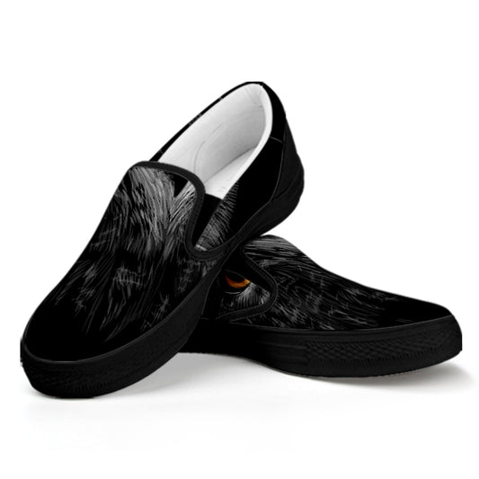 Owl Portrait Print Black Slip On Shoes
