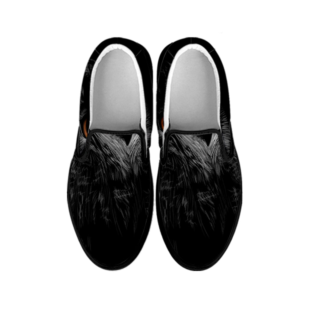 Owl Portrait Print Black Slip On Shoes