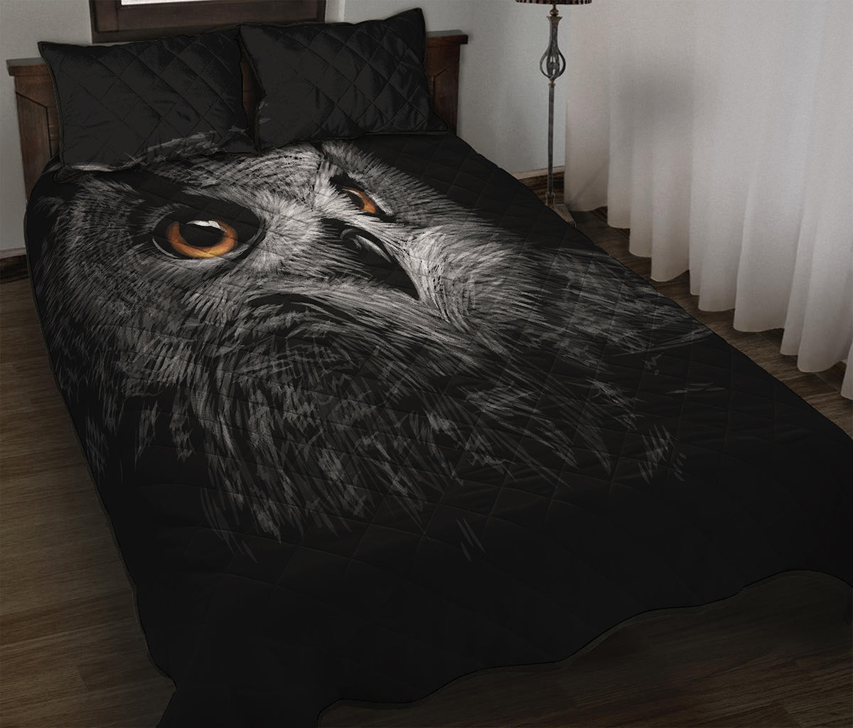 Owl Portrait Print Quilt Bed Set