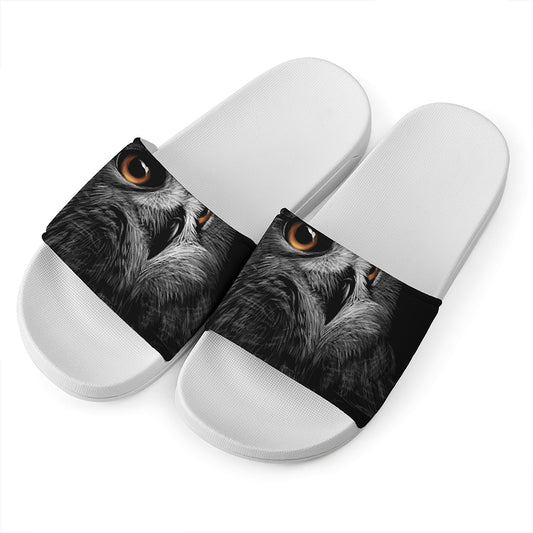 Owl Portrait Print White Slide Sandals