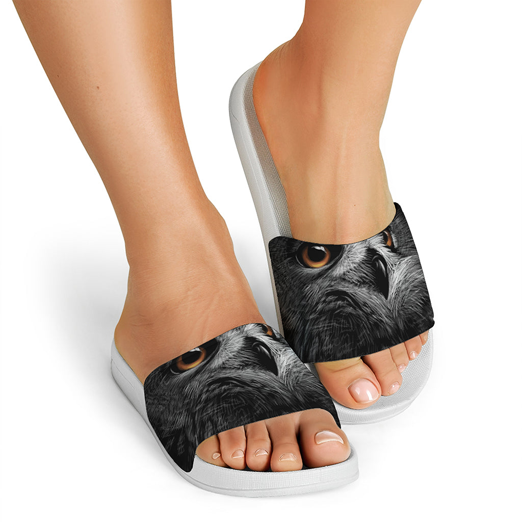Owl Portrait Print White Slide Sandals