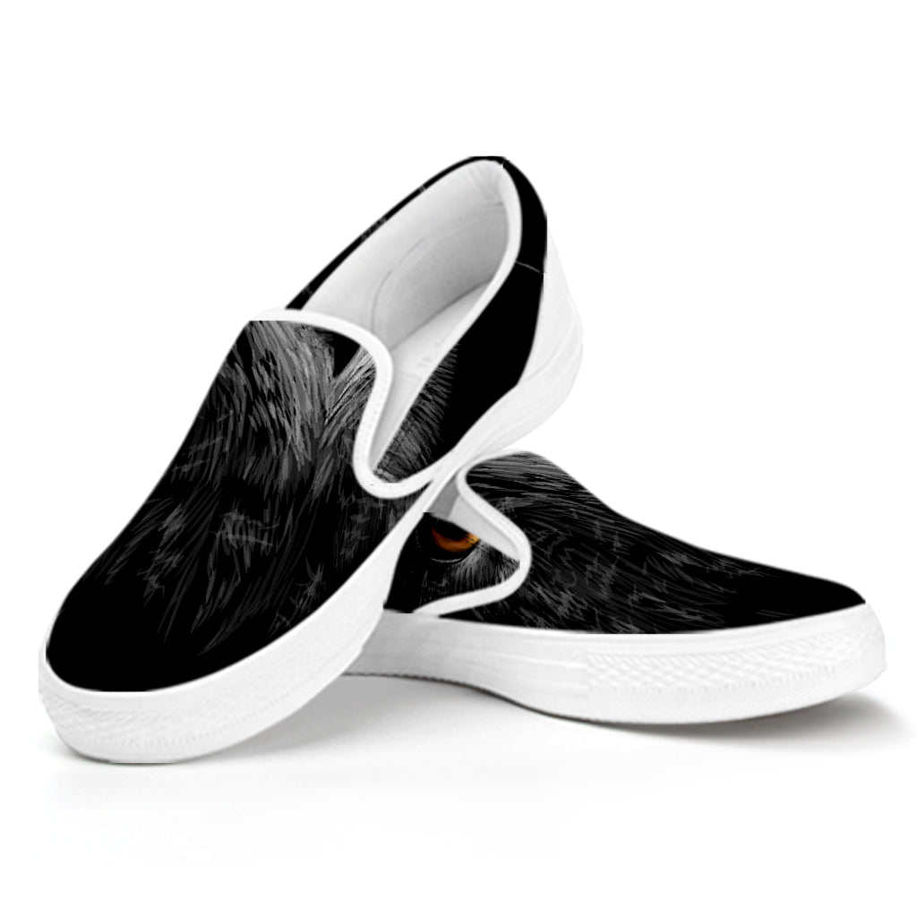 Owl Portrait Print White Slip On Shoes