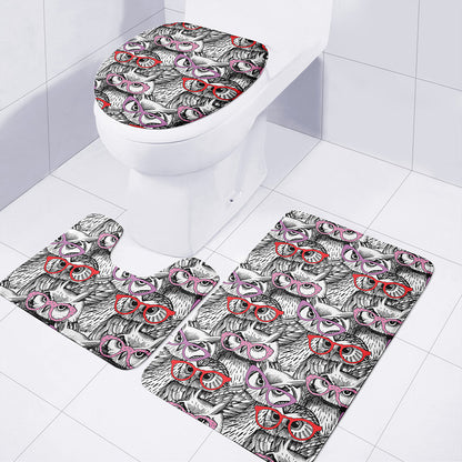 Owl With Glasses Pattern Print 3 Piece Bath Mat Set