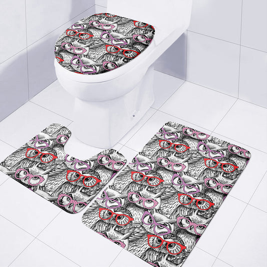 Owl With Glasses Pattern Print 3 Piece Bath Mat Set
