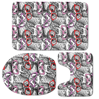 Owl With Glasses Pattern Print 3 Piece Bath Mat Set