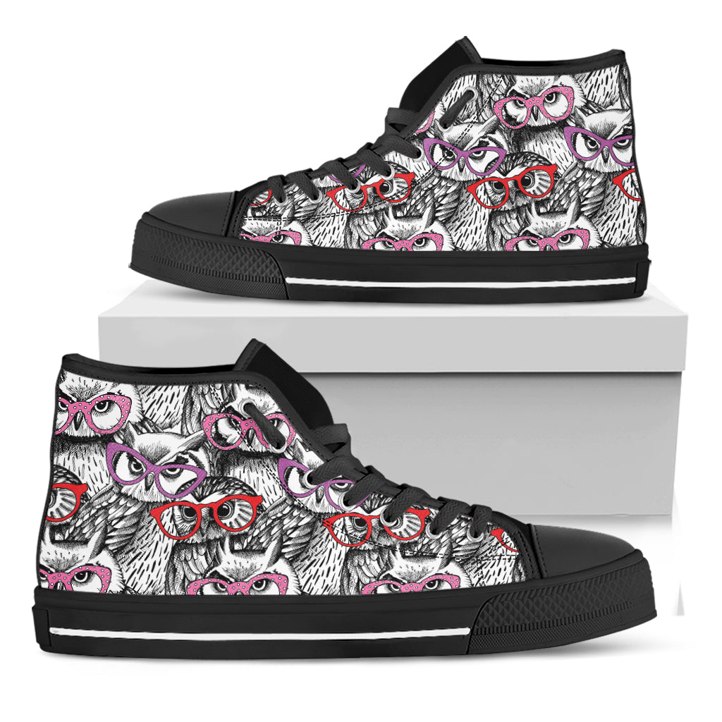 Owl With Glasses Pattern Print Black High Top Shoes