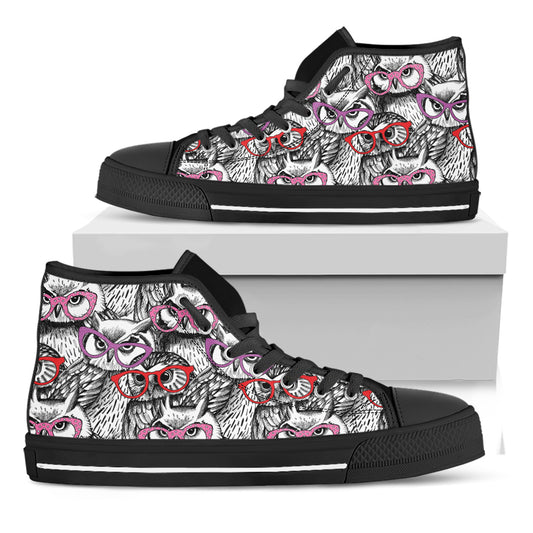Owl With Glasses Pattern Print Black High Top Shoes