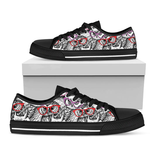 Owl With Glasses Pattern Print Black Low Top Shoes
