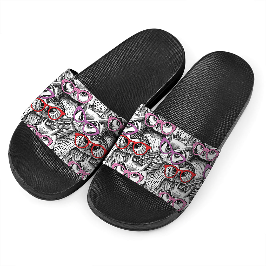 Owl With Glasses Pattern Print Black Slide Sandals