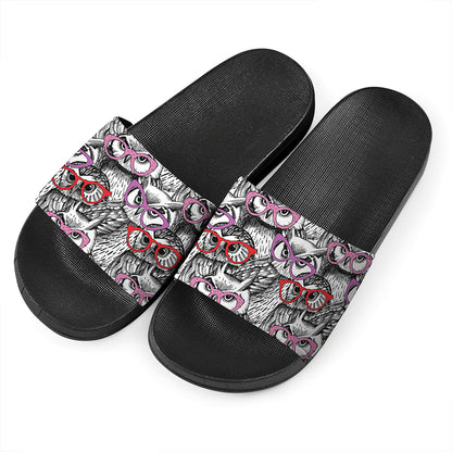 Owl With Glasses Pattern Print Black Slide Sandals