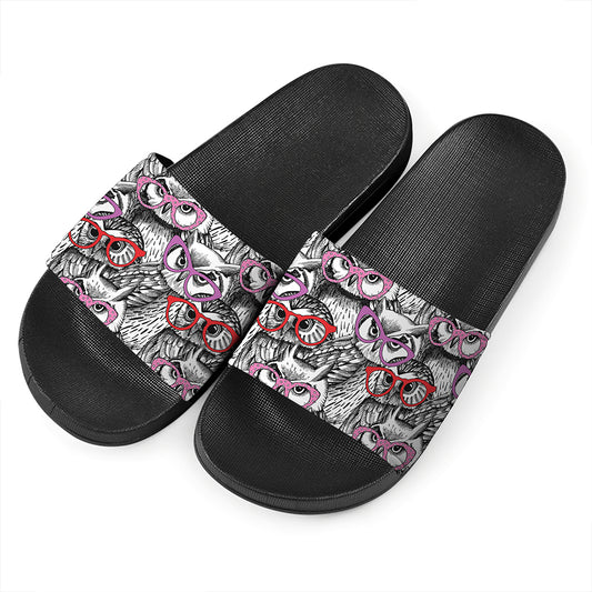Owl With Glasses Pattern Print Black Slide Sandals