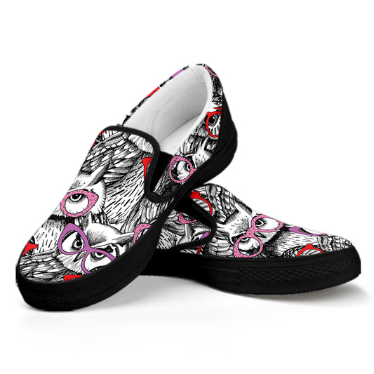 Owl With Glasses Pattern Print Black Slip On Shoes