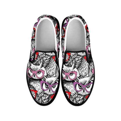 Owl With Glasses Pattern Print Black Slip On Shoes