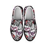 Owl With Glasses Pattern Print Black Slip On Shoes
