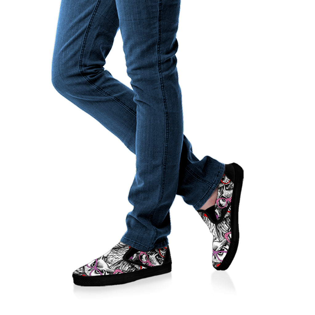 Owl With Glasses Pattern Print Black Slip On Shoes