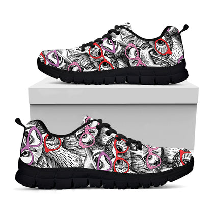 Owl With Glasses Pattern Print Black Sneakers