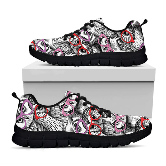 Owl With Glasses Pattern Print Black Sneakers