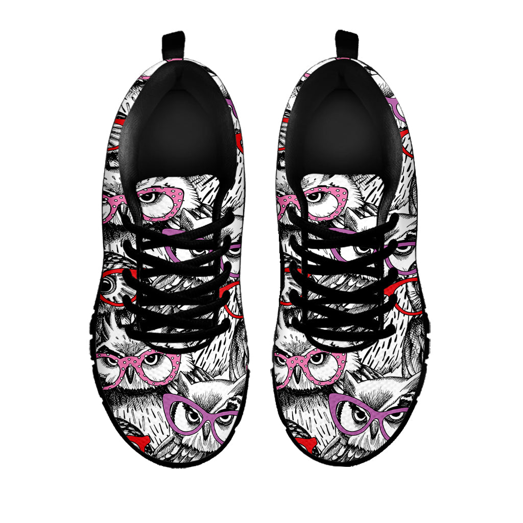 Owl With Glasses Pattern Print Black Sneakers