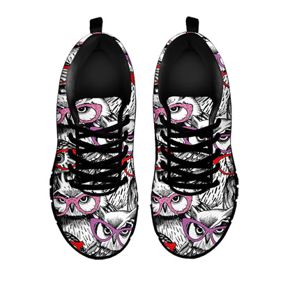 Owl With Glasses Pattern Print Black Sneakers