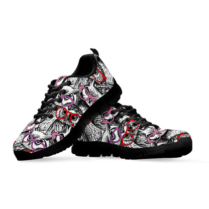 Owl With Glasses Pattern Print Black Sneakers
