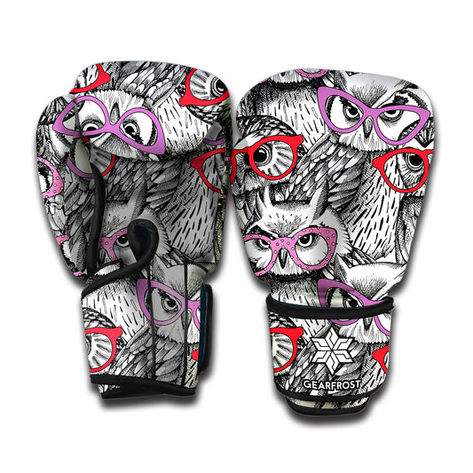 Owl With Glasses Pattern Print Boxing Gloves