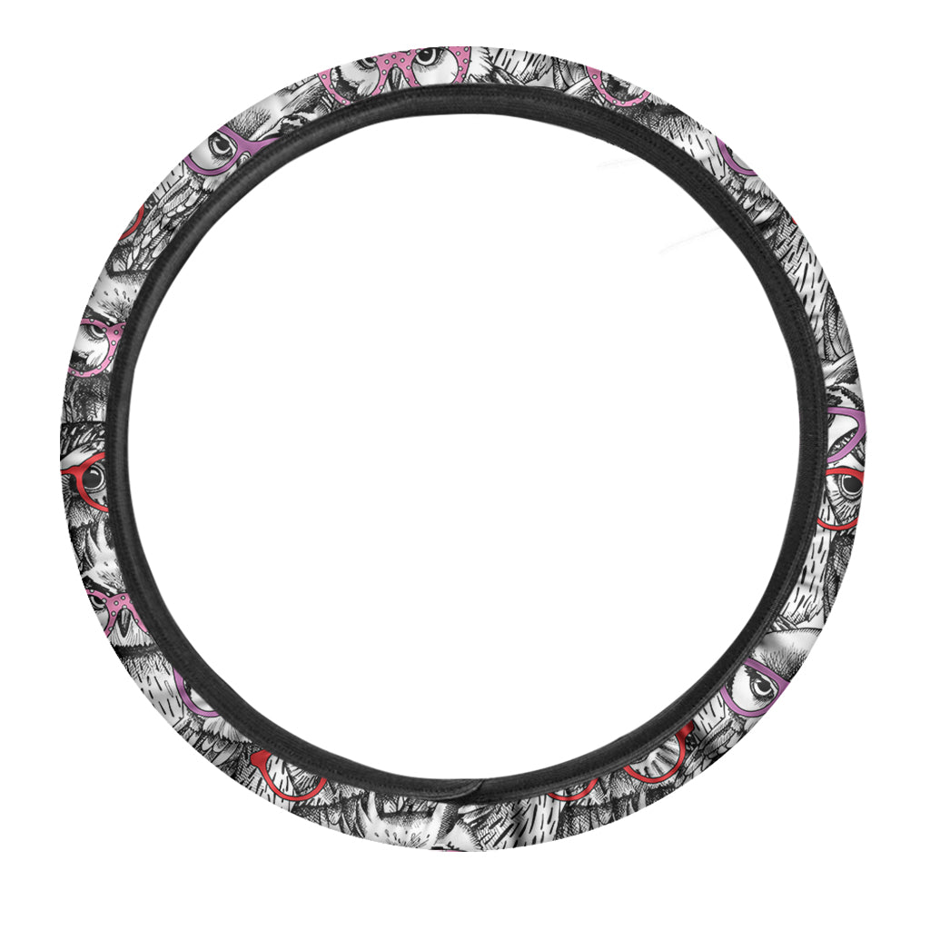 Owl With Glasses Pattern Print Car Steering Wheel Cover