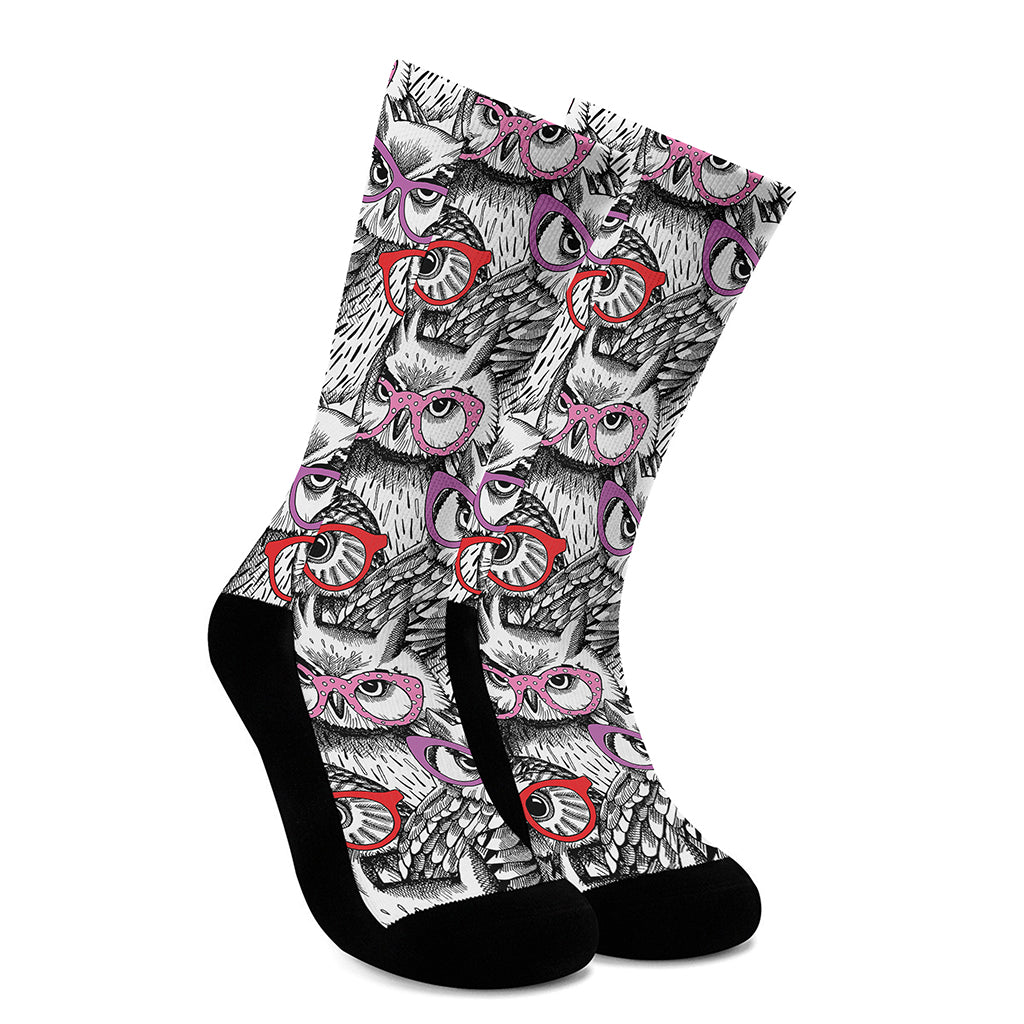 Owl With Glasses Pattern Print Crew Socks