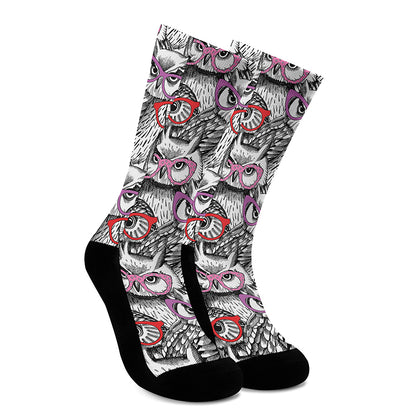 Owl With Glasses Pattern Print Crew Socks