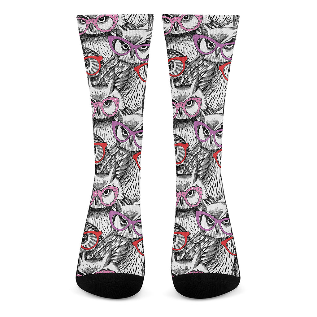 Owl With Glasses Pattern Print Crew Socks
