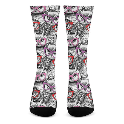 Owl With Glasses Pattern Print Crew Socks