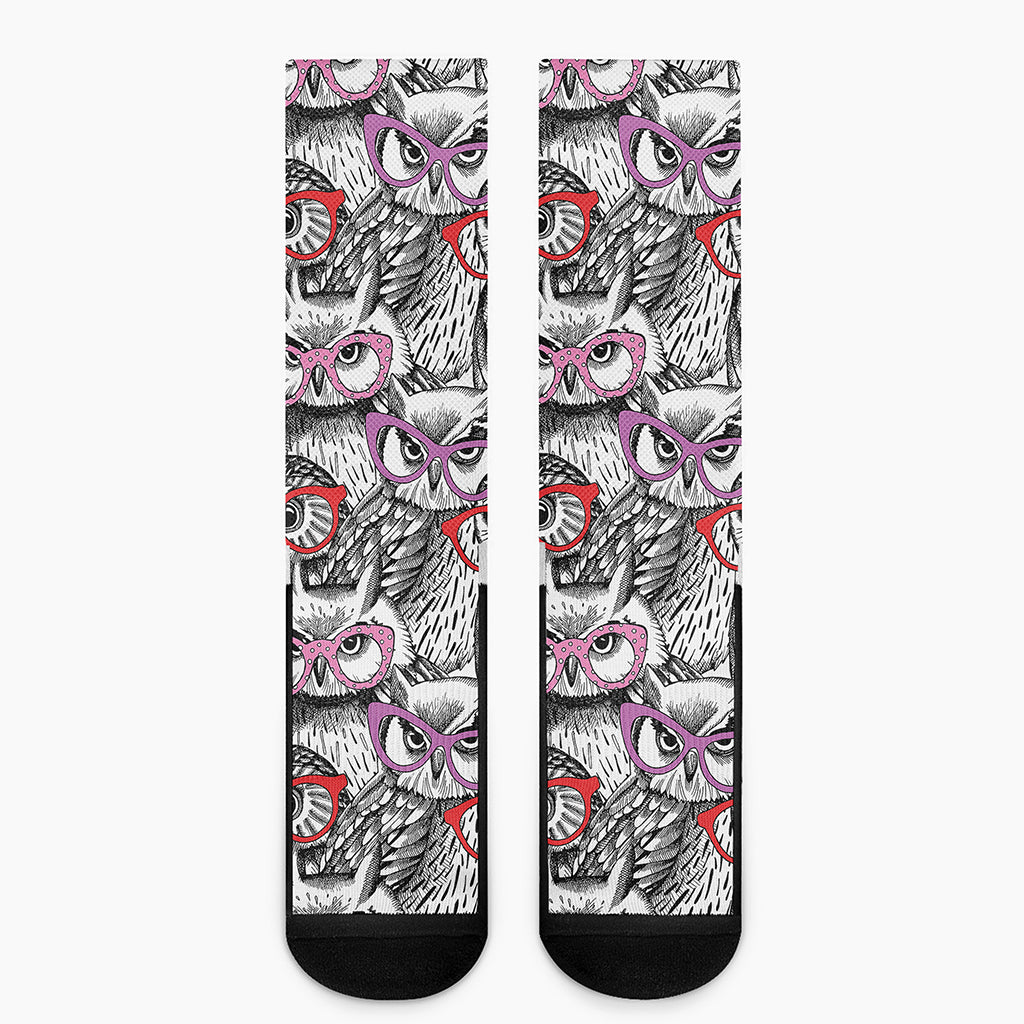 Owl With Glasses Pattern Print Crew Socks