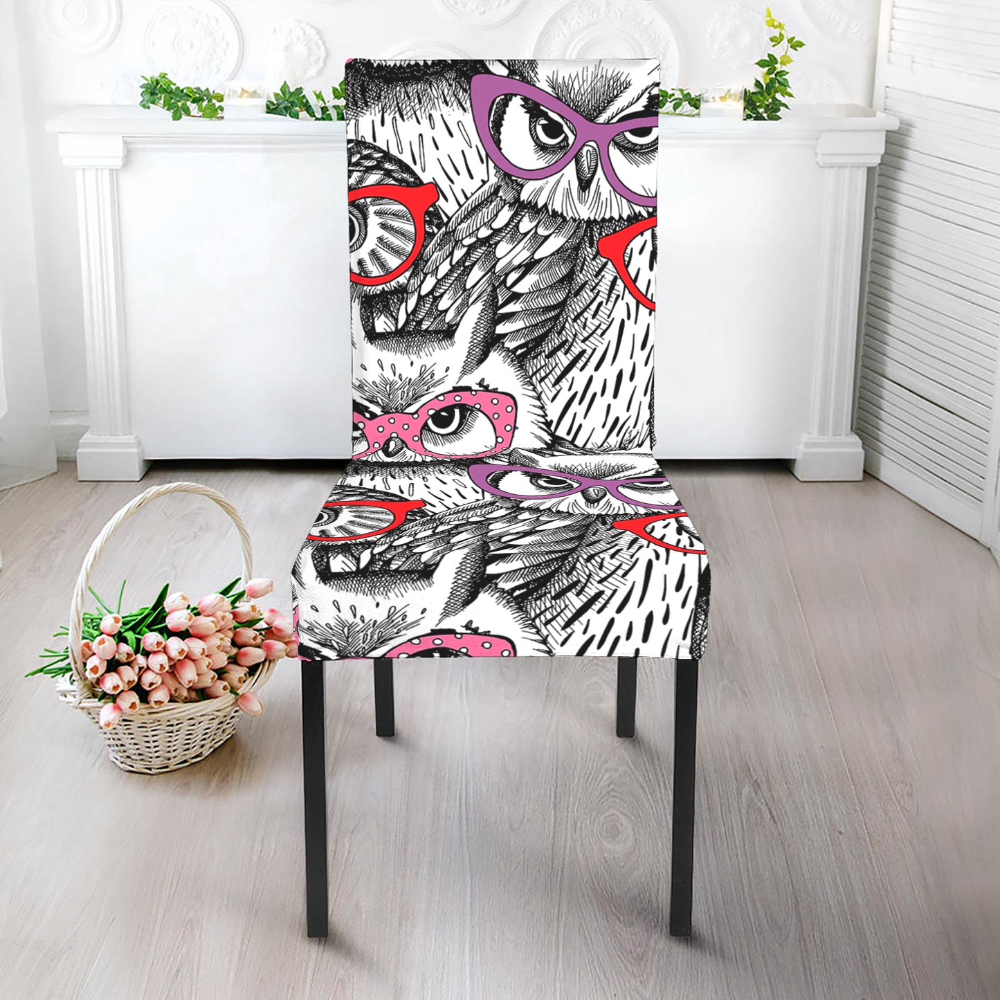 Owl With Glasses Pattern Print Dining Chair Slipcover