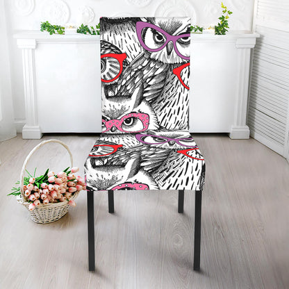 Owl With Glasses Pattern Print Dining Chair Slipcover