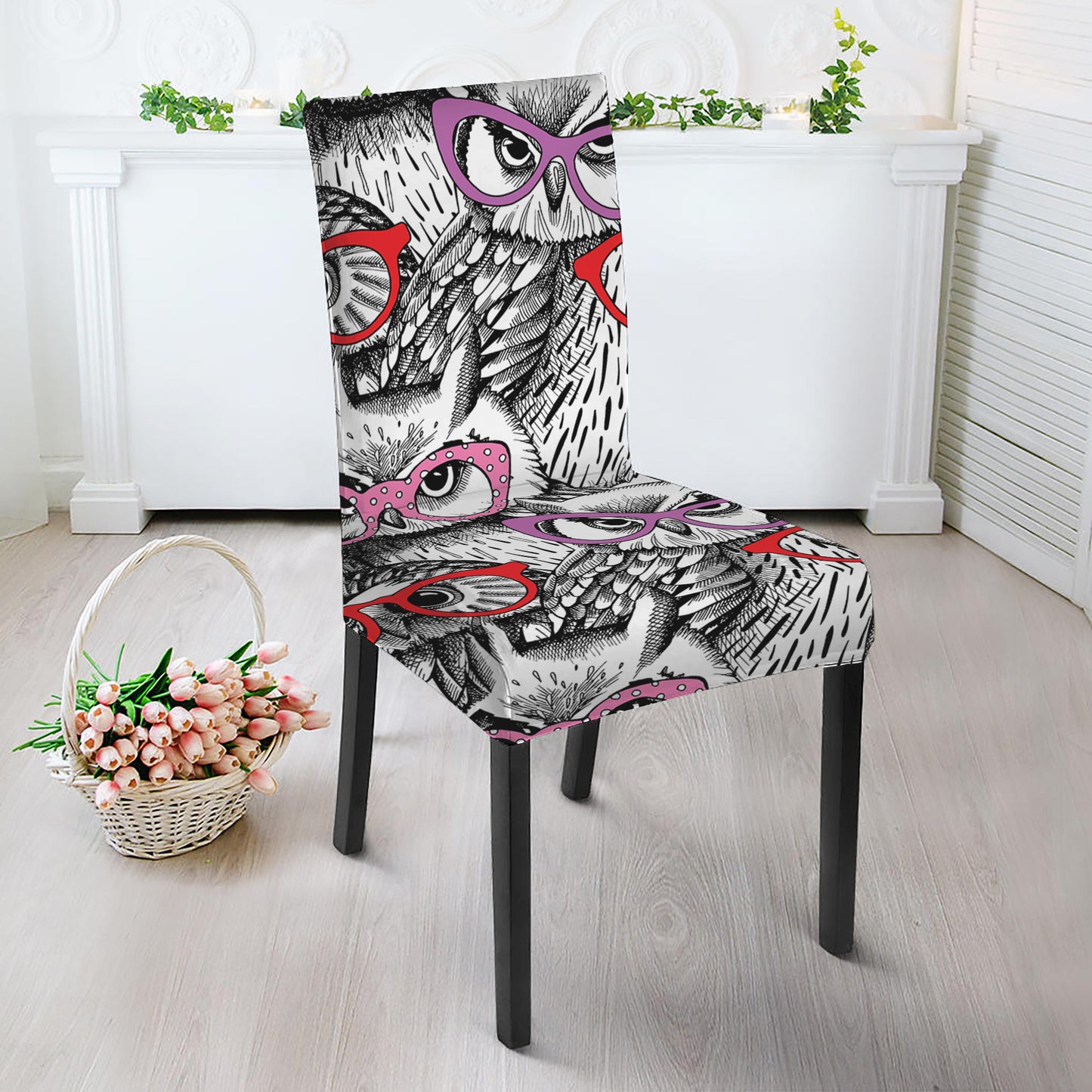 Owl With Glasses Pattern Print Dining Chair Slipcover