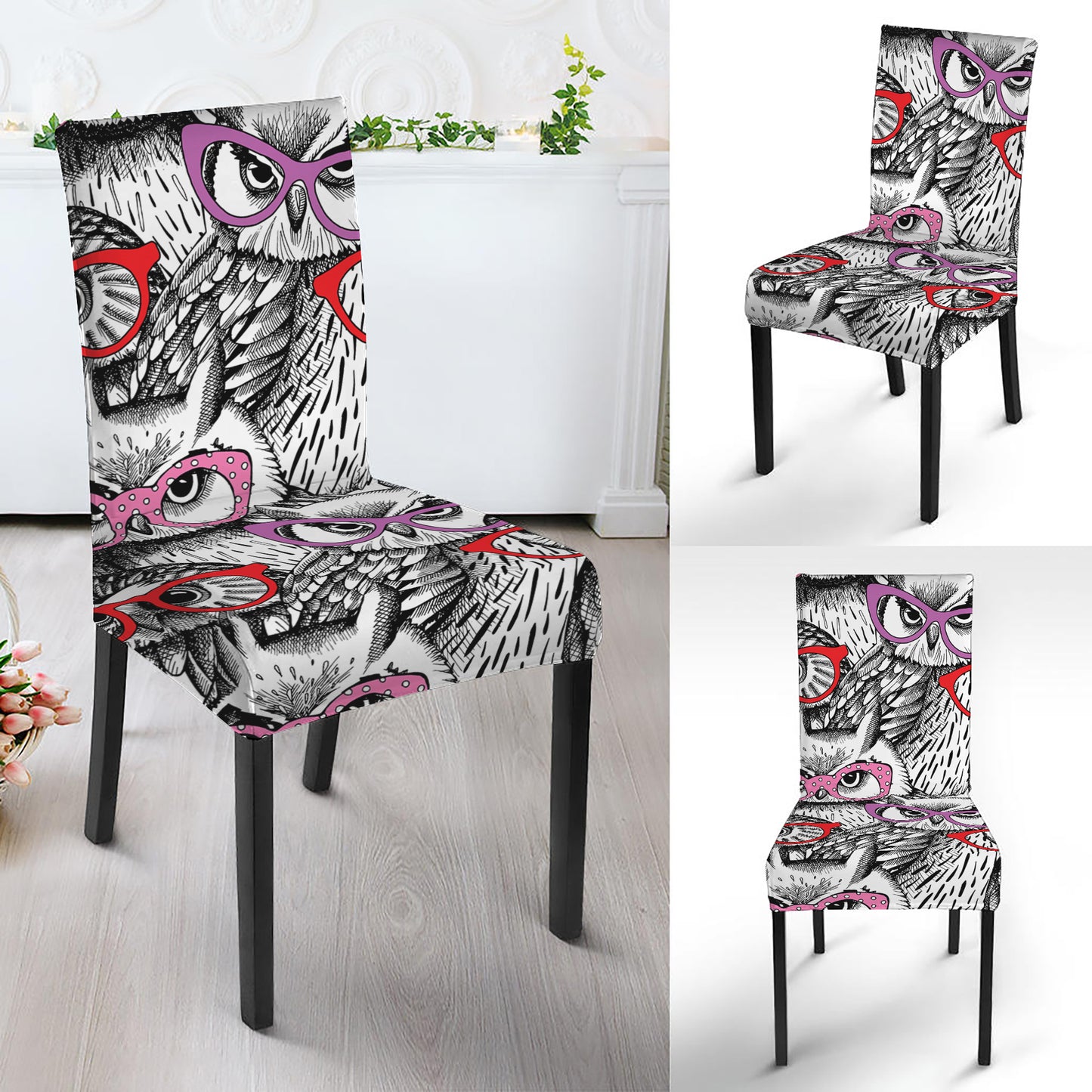 Owl With Glasses Pattern Print Dining Chair Slipcover