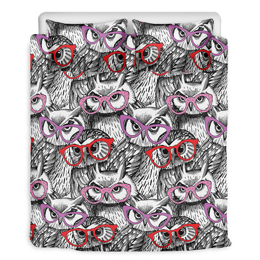 Owl With Glasses Pattern Print Duvet Cover Bedding Set