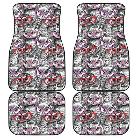 Owl With Glasses Pattern Print Front and Back Car Floor Mats