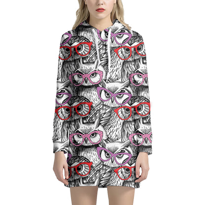 Owl With Glasses Pattern Print Hoodie Dress