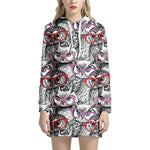 Owl With Glasses Pattern Print Hoodie Dress