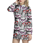 Owl With Glasses Pattern Print Hoodie Dress