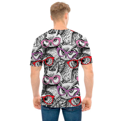 Owl With Glasses Pattern Print Men's T-Shirt