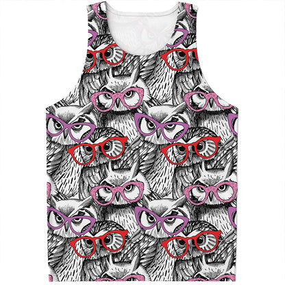 Owl With Glasses Pattern Print Men's Tank Top