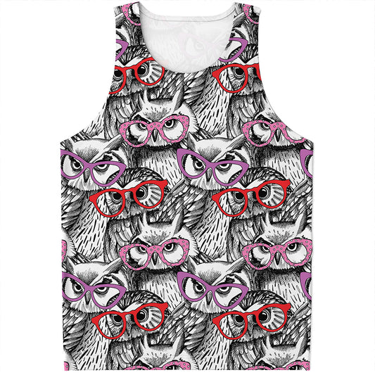Owl With Glasses Pattern Print Men's Tank Top