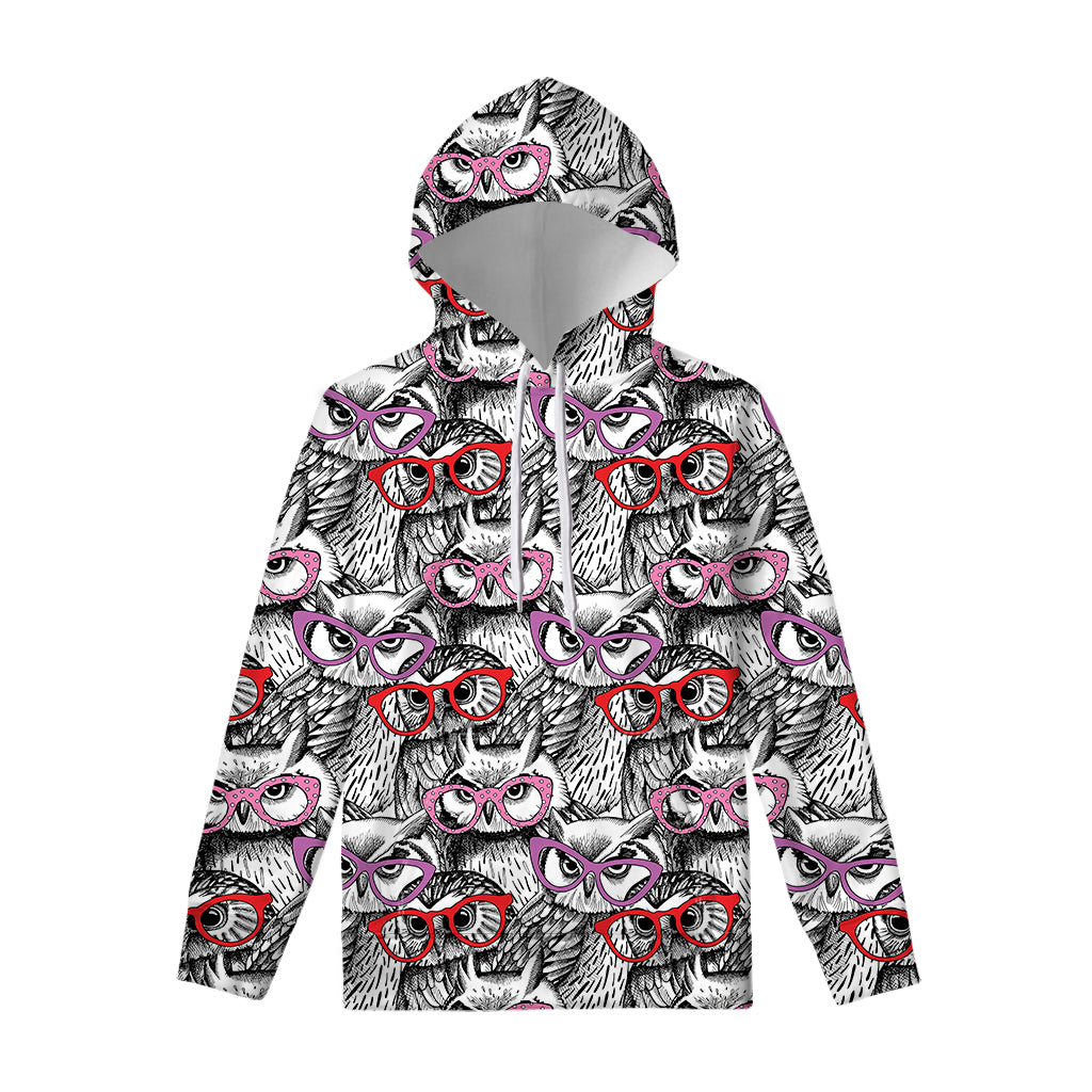 Owl With Glasses Pattern Print Pullover Hoodie
