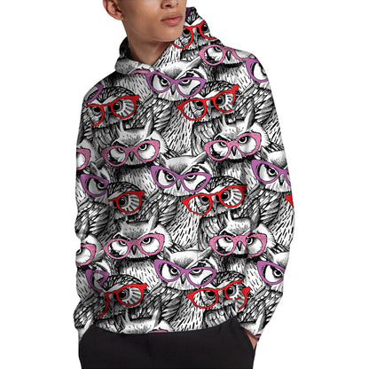 Owl With Glasses Pattern Print Pullover Hoodie