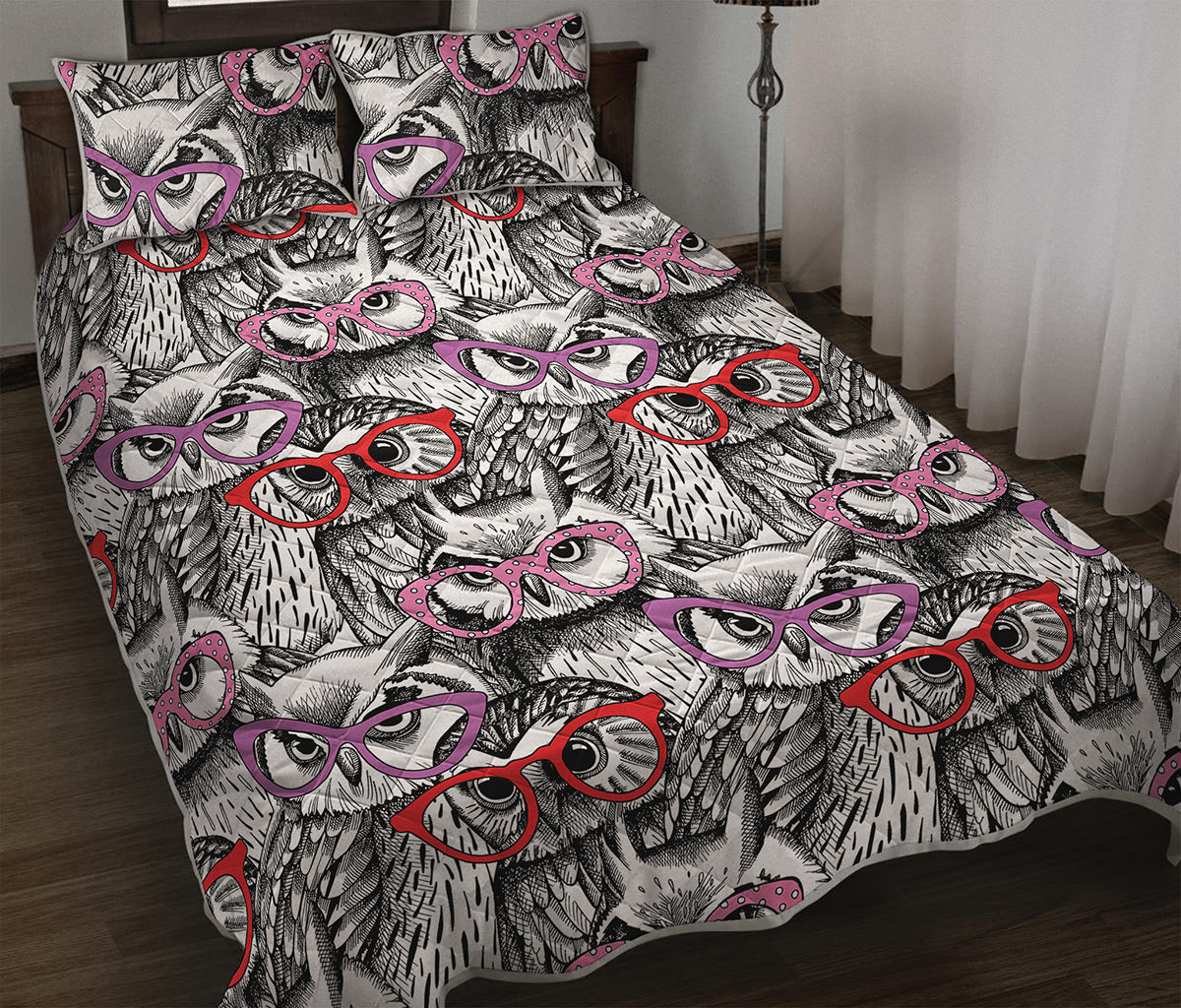 Owl With Glasses Pattern Print Quilt Bed Set