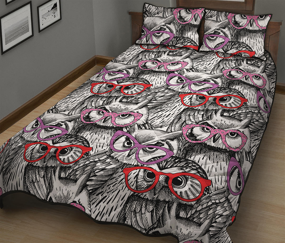 Owl With Glasses Pattern Print Quilt Bed Set