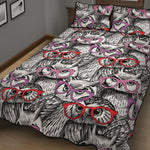 Owl With Glasses Pattern Print Quilt Bed Set